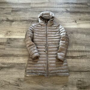 Moncler Long Hooded Lightweight Puffer Coat in Taupe